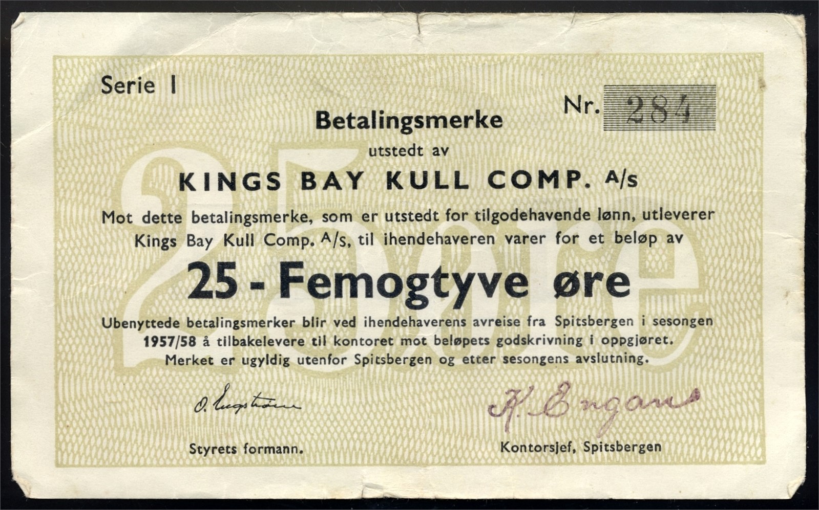 KINGS BAY. 25 Øre 1957/58 I268 Kv 1/1- (VF)