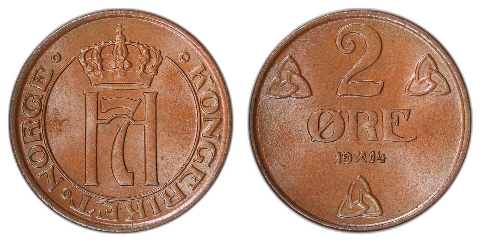 NORWAY. Haakon VII. 2 Øre 1914. Kv 0 (UNC).