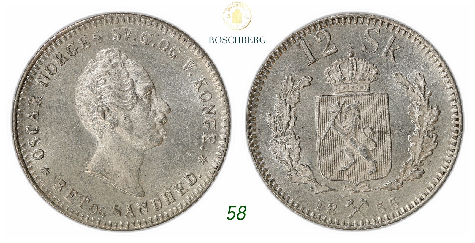 NORWAY. Oscar I. 12 Skilling 1855.