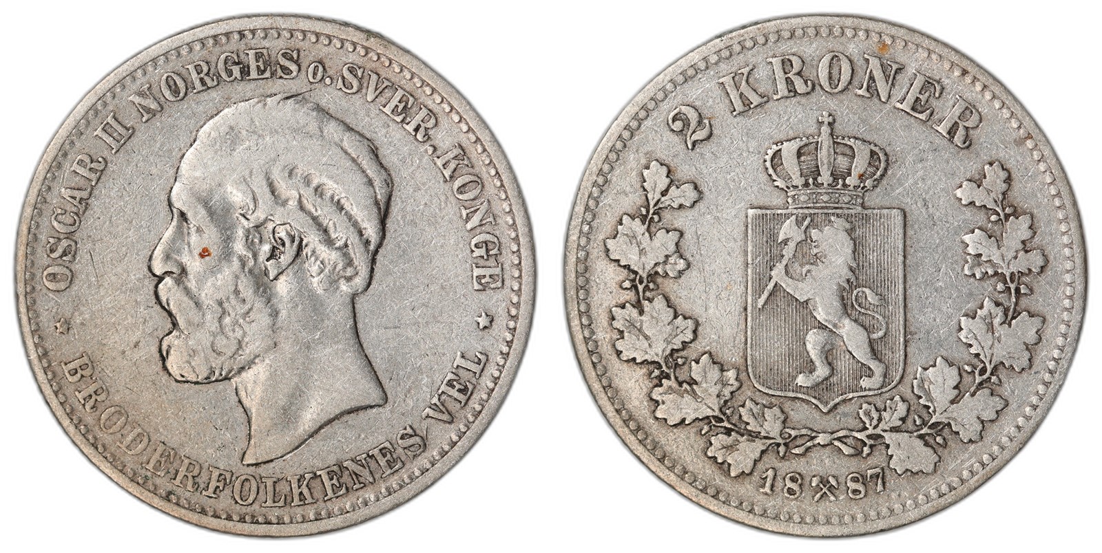 NORWAY. Oscar II. 2 Kroner 1887. Kv 1 (VF).