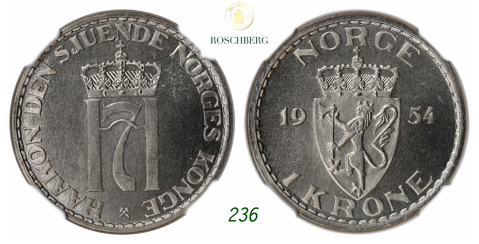 NORWAY. Haakon VII. 1 Krone 1954.