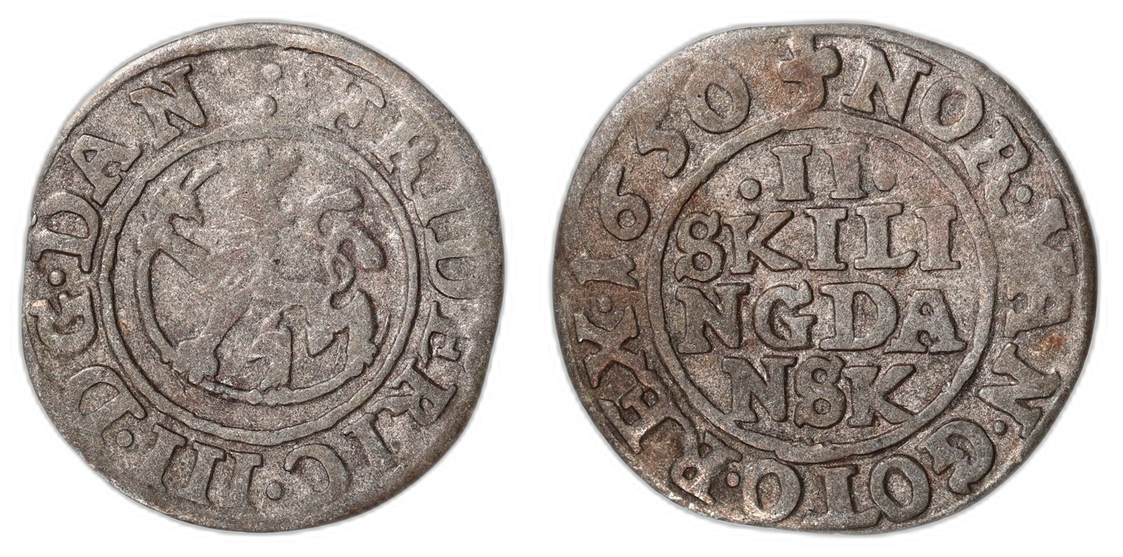 NORWAY. Frederik III. 2 Skilling. 1650. Kv 1 (VF).