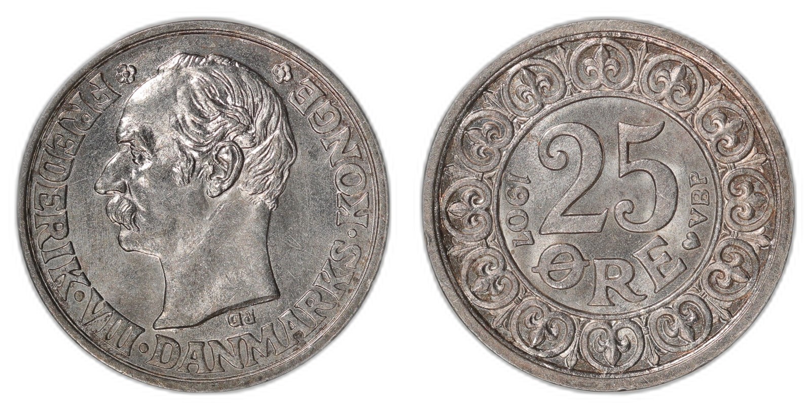 DENMARK. Frederik VIII. 25 Øre. 1907-VPB. UNC.