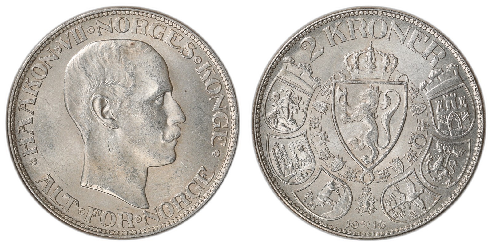 NORWAY. Haakon VII. 2 Kroner 1916. Kv 0 (UNC).
