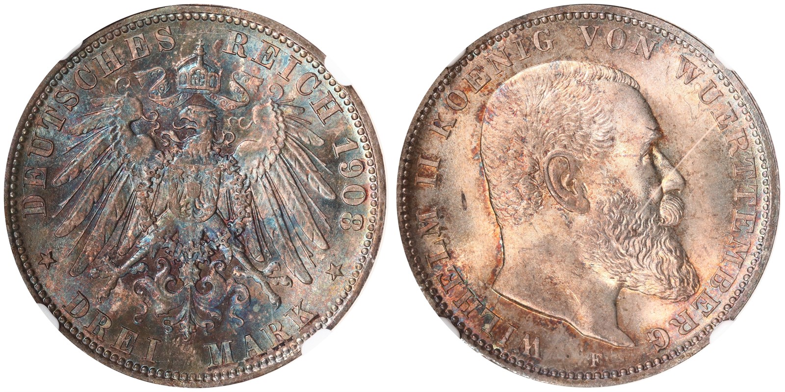 GERMANY. Wilhelm II. 3 Mark. 1908-F. MS66.