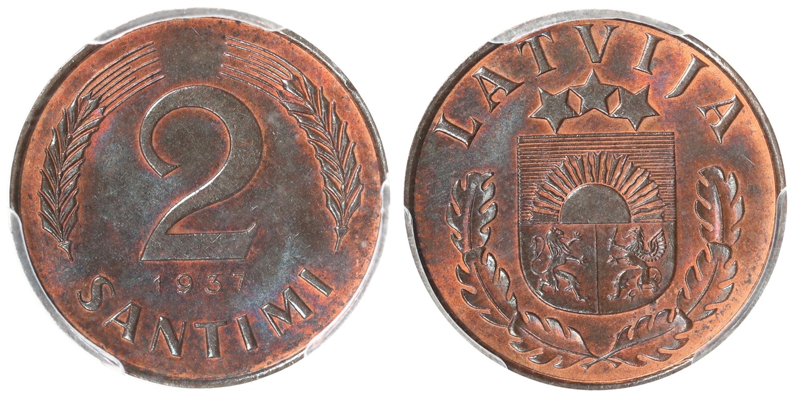LATVIA. Republic. 2 Santims. 1937. MS63.