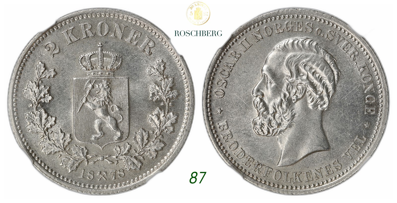 NORWAY. Oscar II. 2 Kroner 1878.