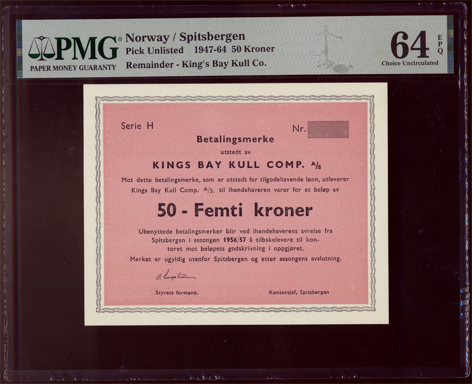 Kings Bay Kull Comp A/S. 50 Kroner 1956/57 Serie H. PMG 64EPQ.