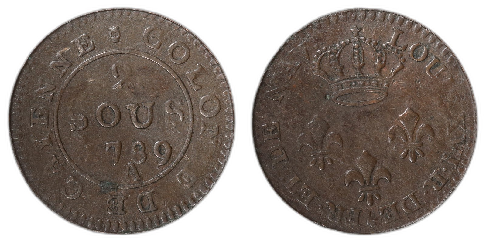 FRENCH GUYANA. Louis XVI. 2 Sous. 1789-A. XF.