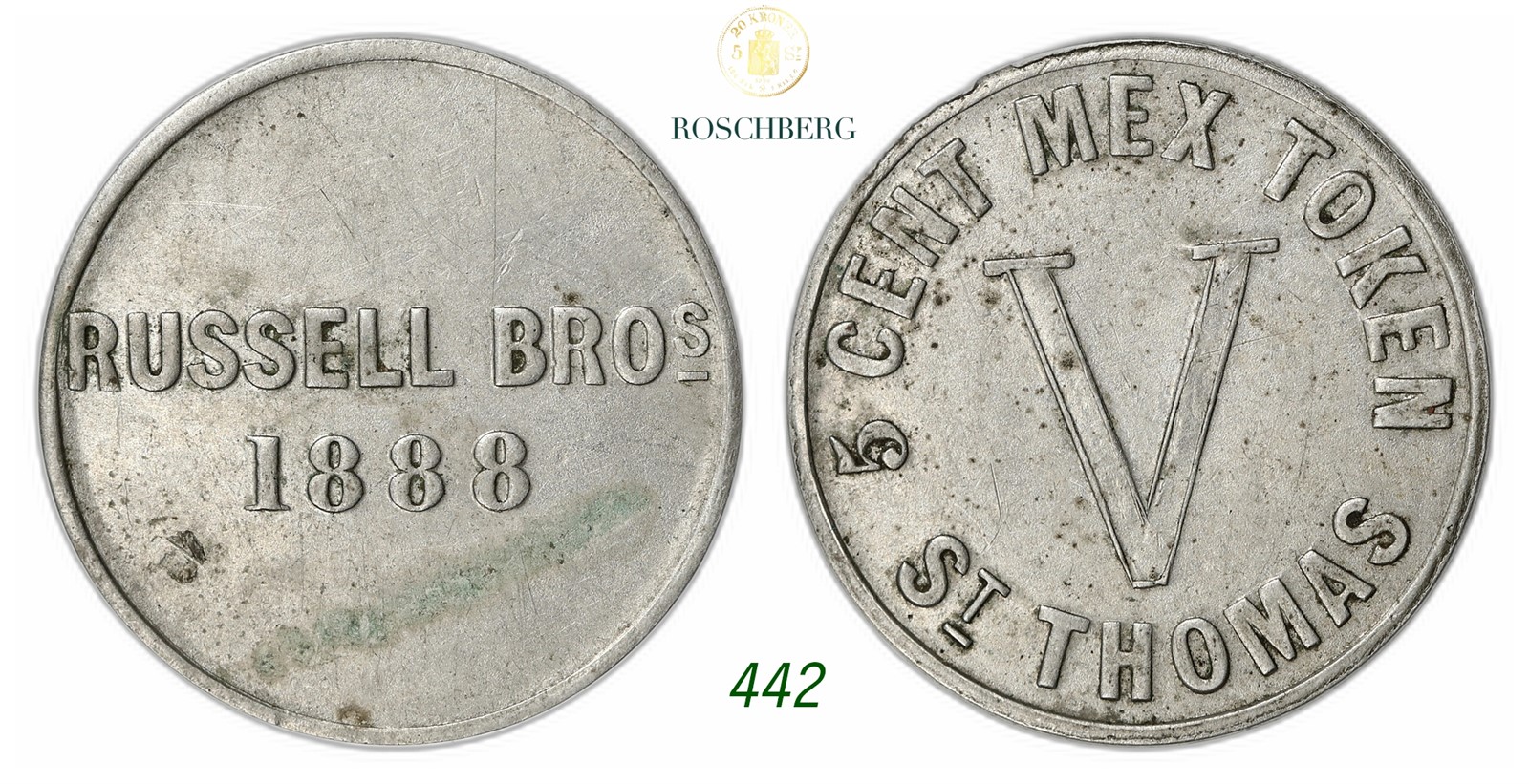 DENMARK, Danish West Indies. Russel Bros. 5 Cent Token ND.