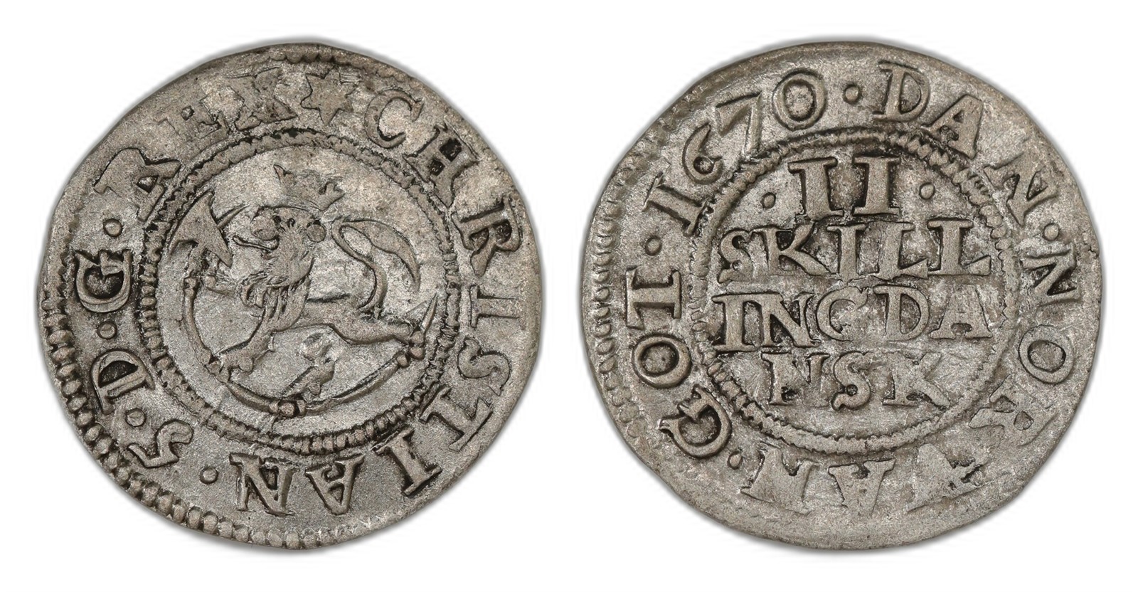 Norway. Christian V. 2 Skilling 1670. Kv 0/01.