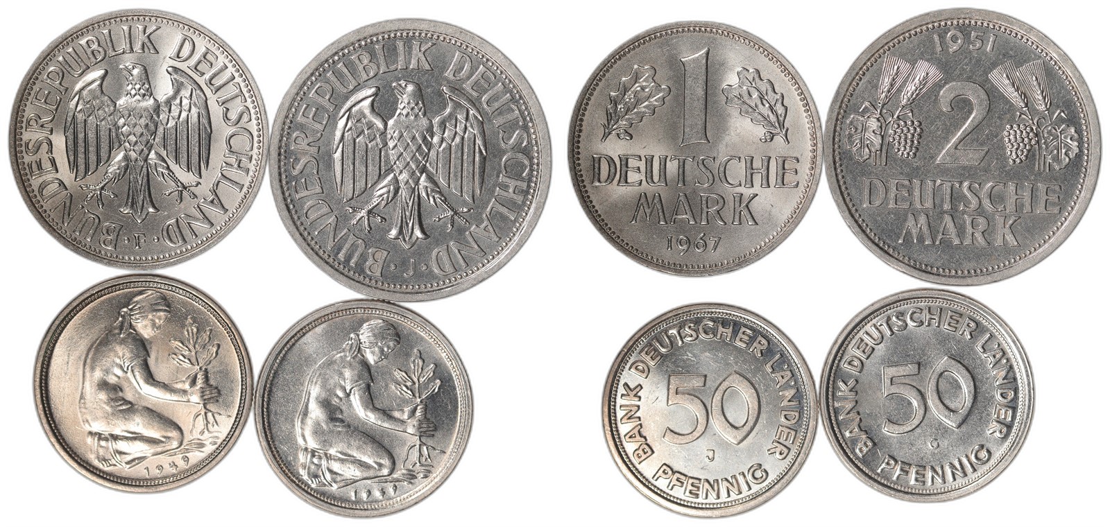 GERMANY, BRD. Federal Republic. 2 Mark. 1951-J, 1 Mark 1966-G, 50 Pfennig 1949G & J. UNC.