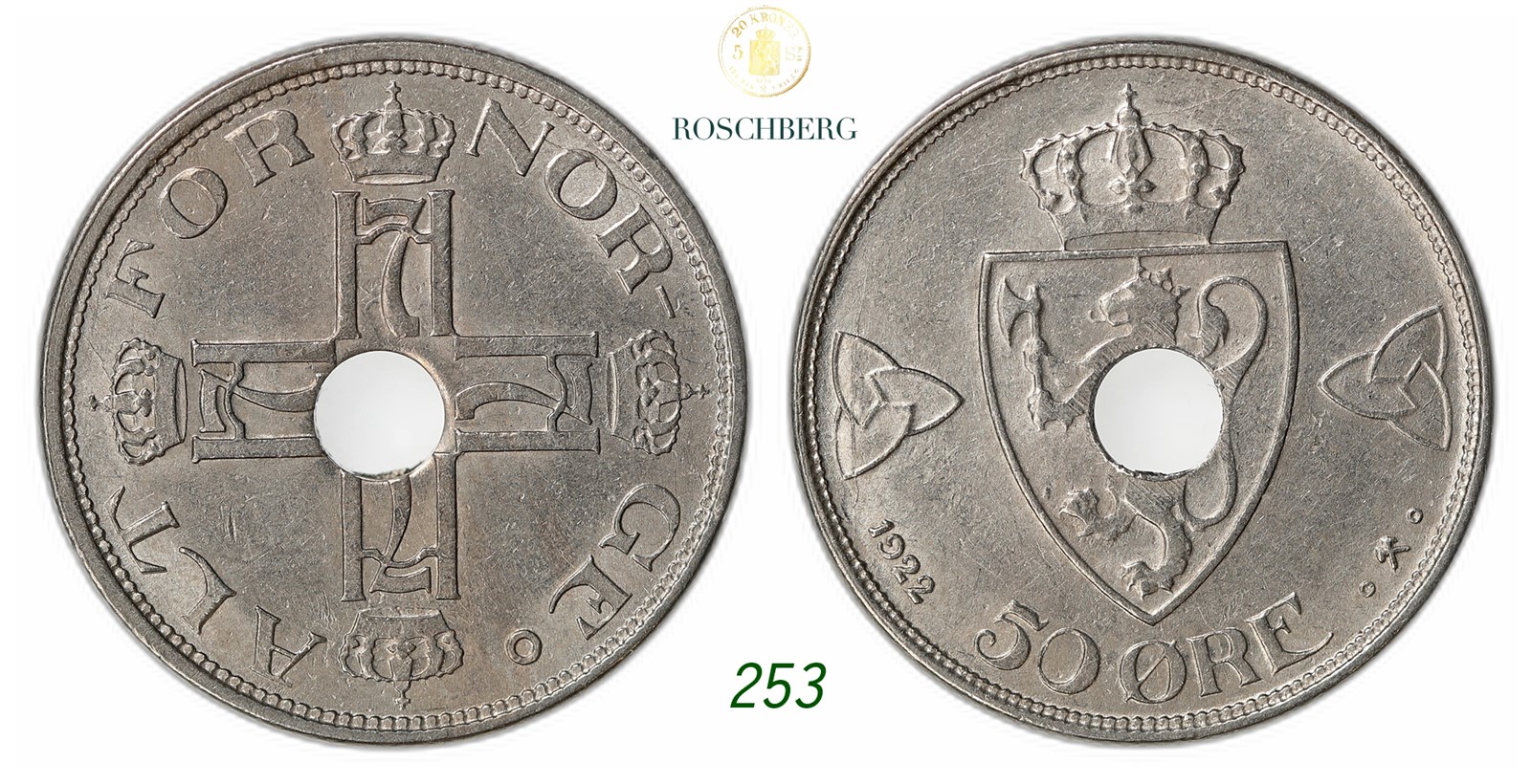 NORWAY. Haakon VII. 50 Øre 1922-Med Hull.