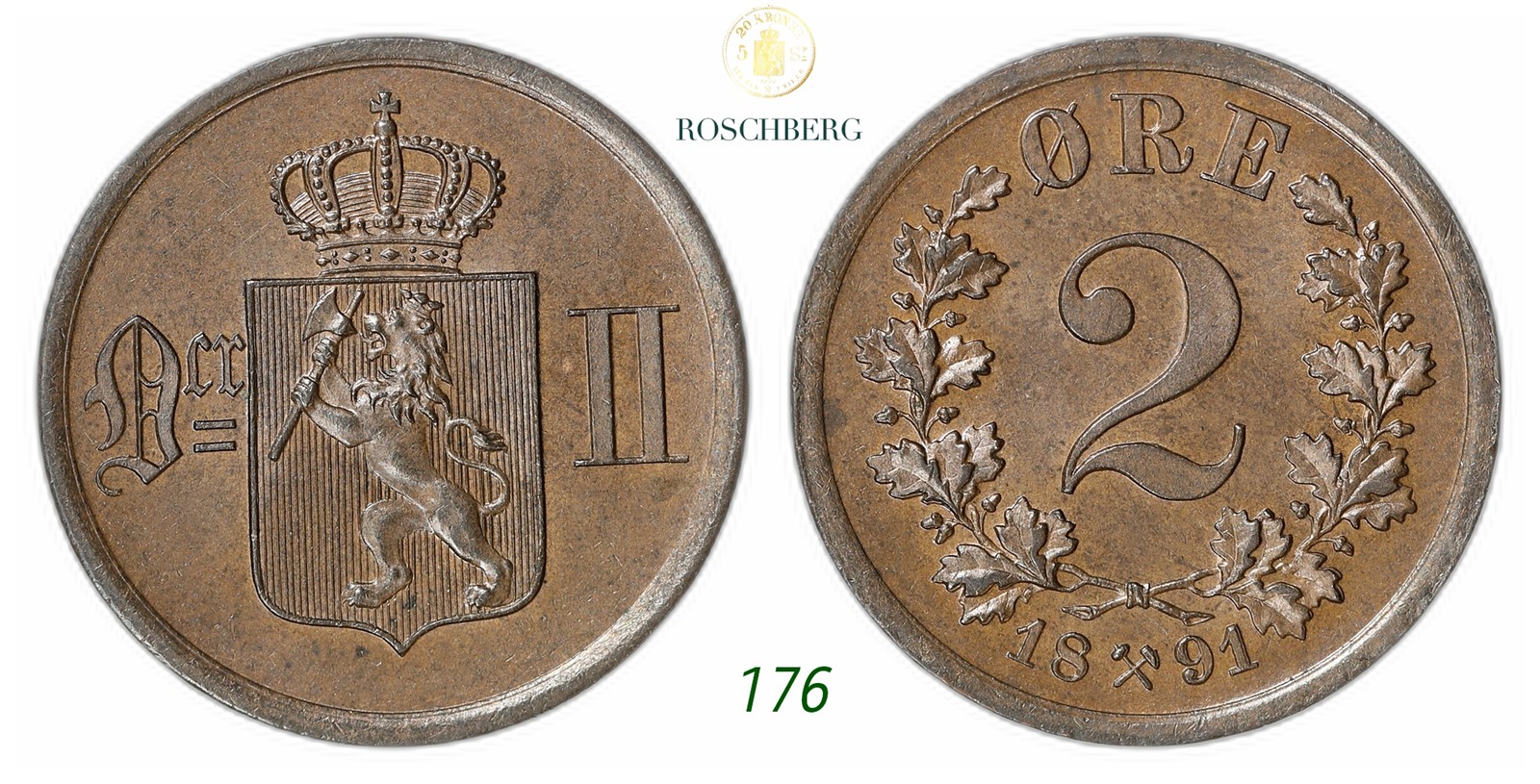 NORWAY. Oscar II. 2 Øre 1891.