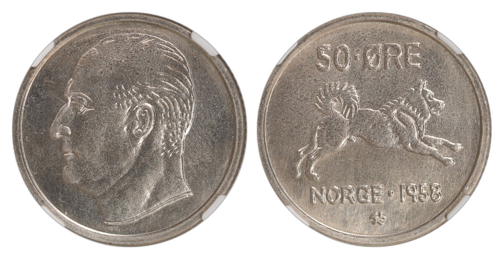 Norway. Olav V. 50 Øre 1958. Kv NGC MS66 PRAKTEX.