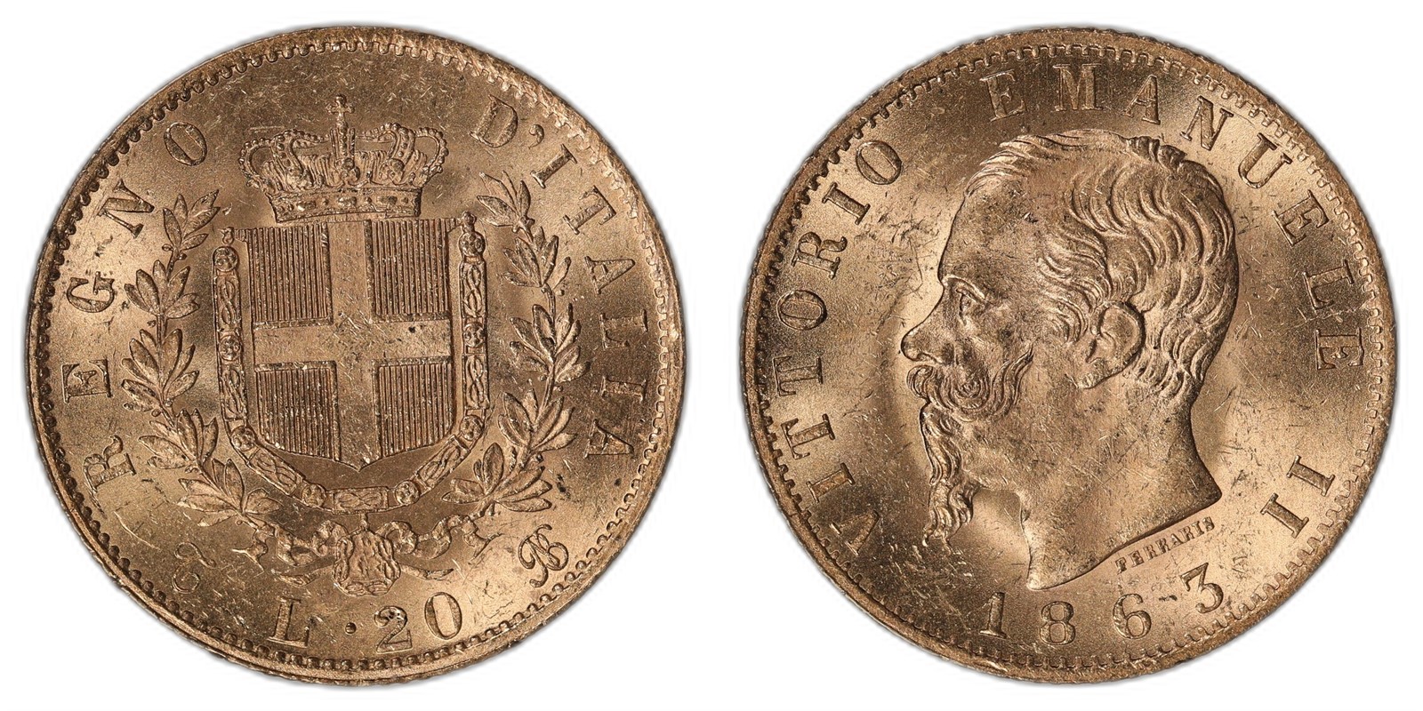 ITALY. Vittorio Emanuele II. 20 Lire. 1863-T. UNC.