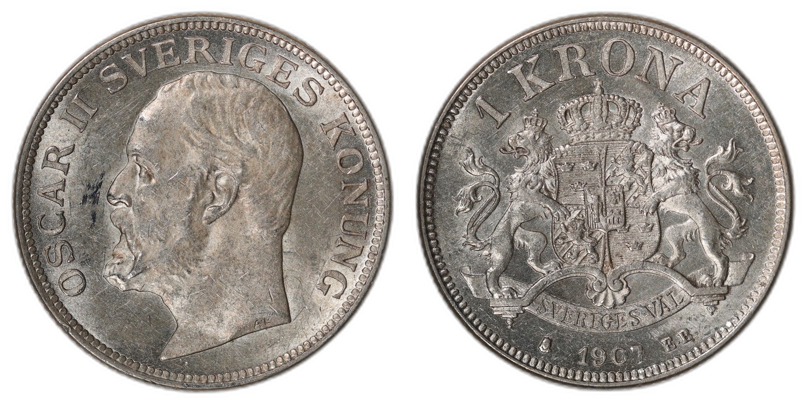 SWEDEN. Oscar II. 1 Krona. 1907. Kv 01 (UNC).