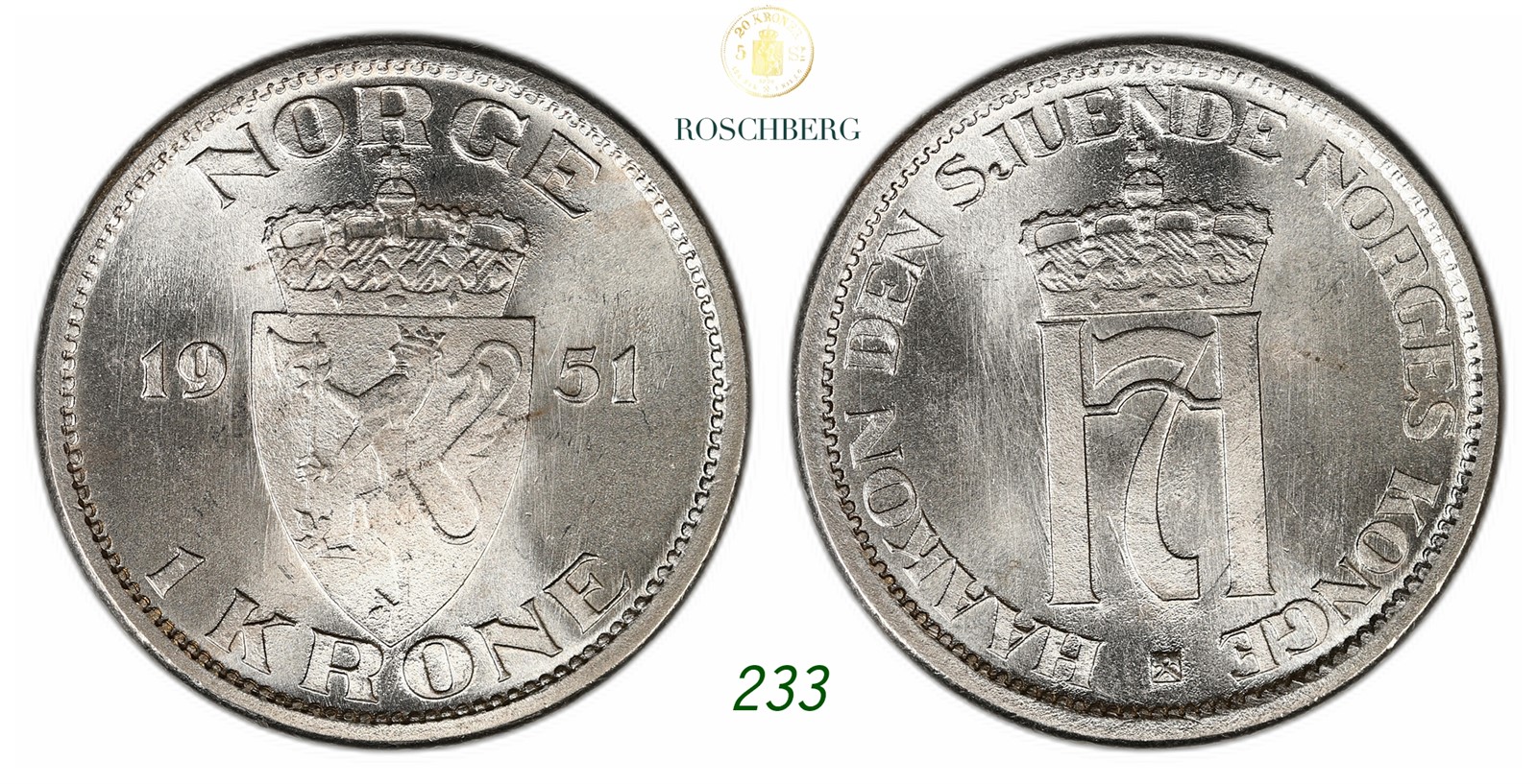 NORWAY. Haakon VII. 1 Krone 1951.