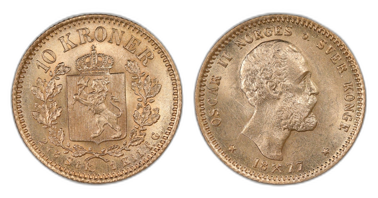 Norway. Oscar II. 10 Kroner Gold 1877. Kv 0/01.