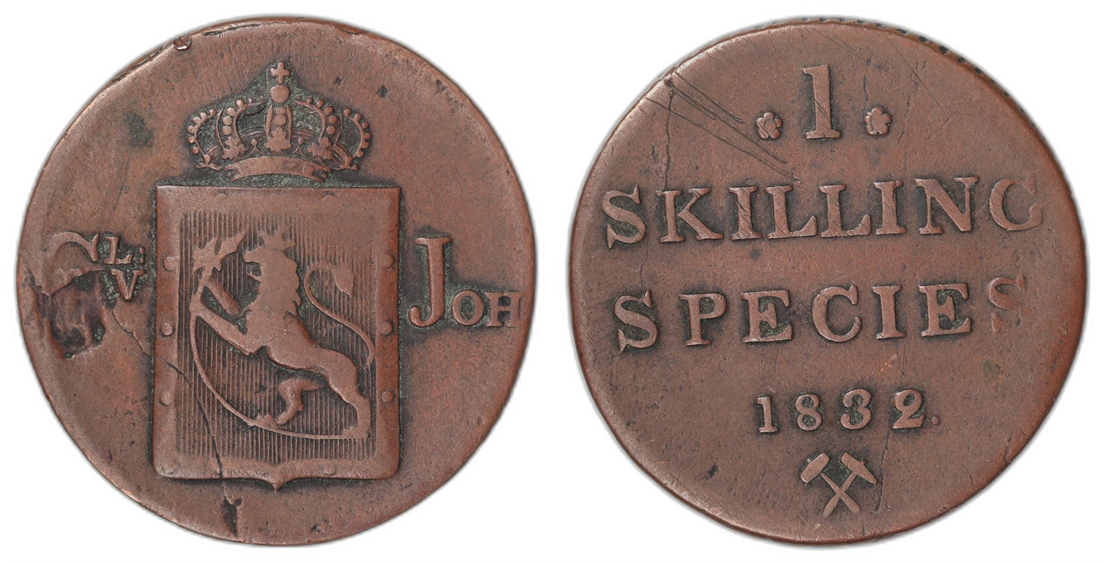 NORWAY. Carl XIV Johan. 1 Skilling 1832. Kv 1 (VF).