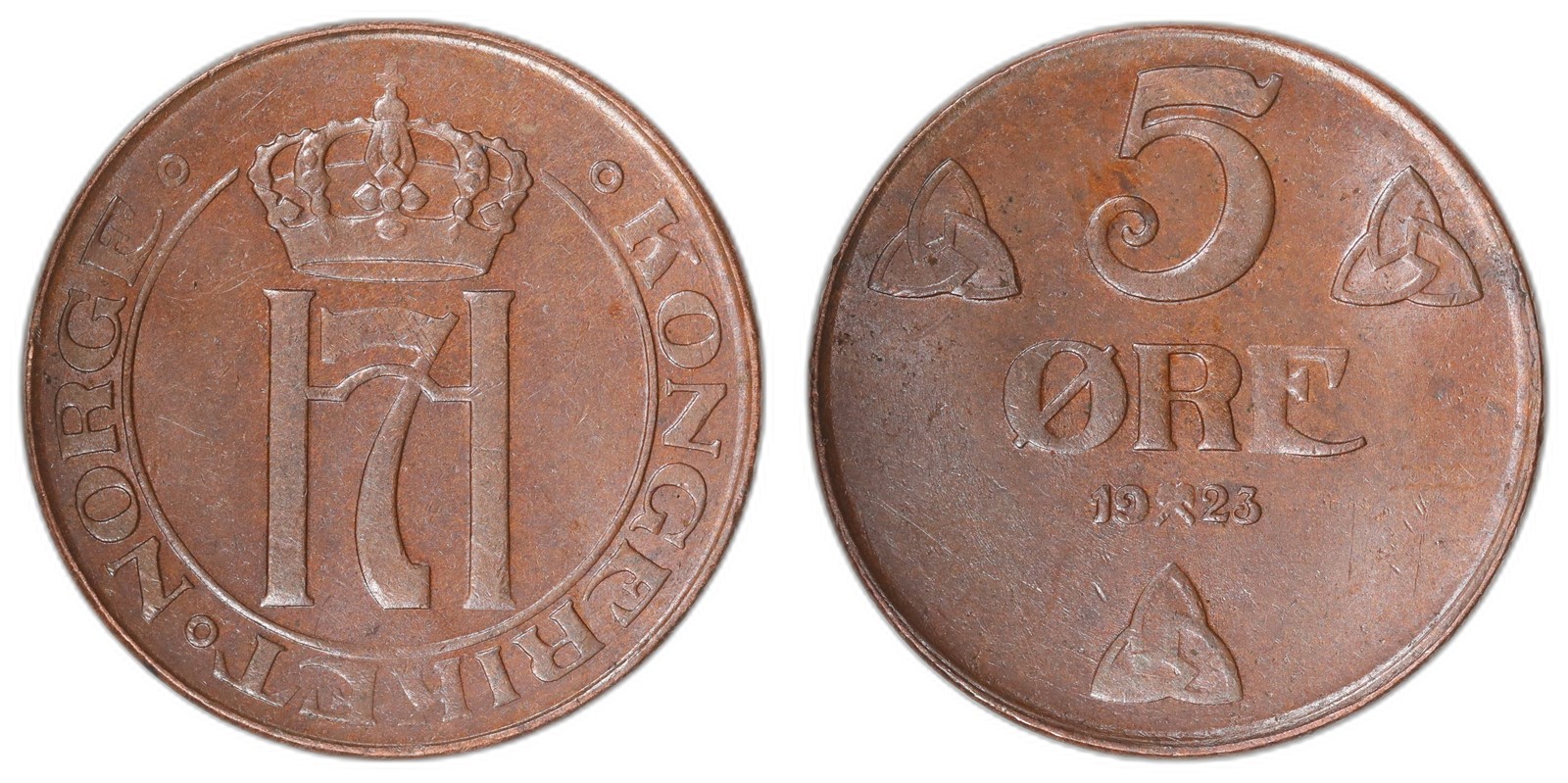 NORWAY. Haakon VII. 5 Øre 1923. Kv 0/01 (UNC.