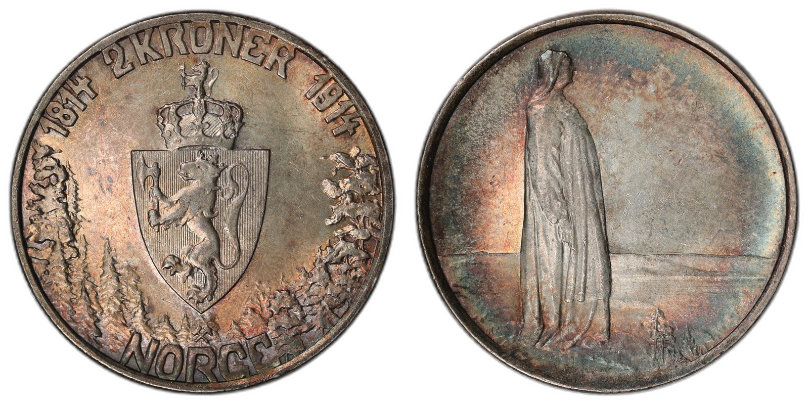 NORWAY. Haakon VII. 2 Kroner. 1914. Kv 1+/01 (AU).