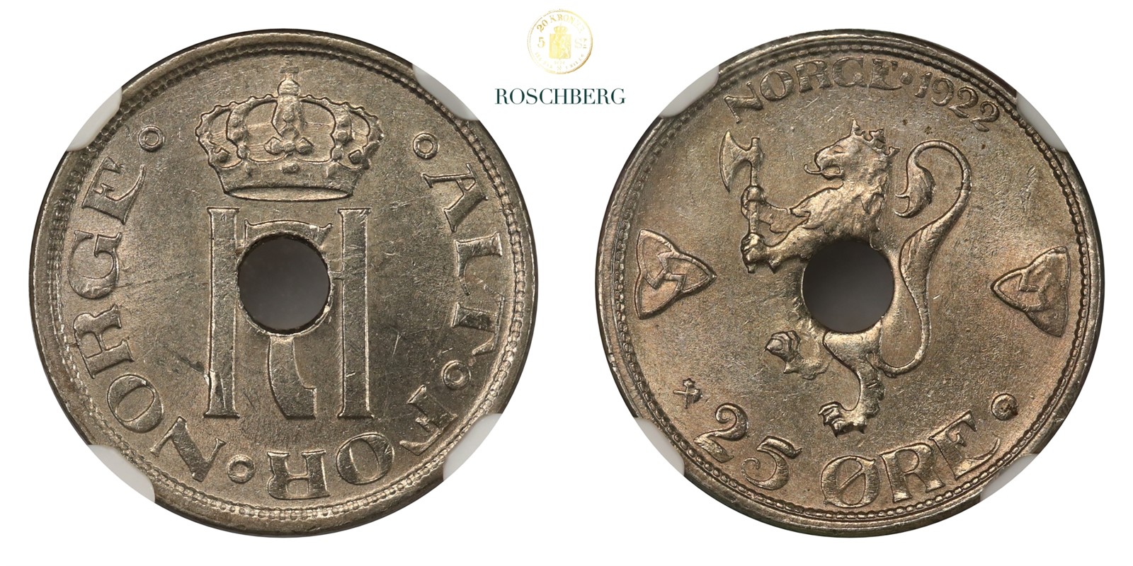 Norge 25 Øre 1922 Med Hull NGC MS62