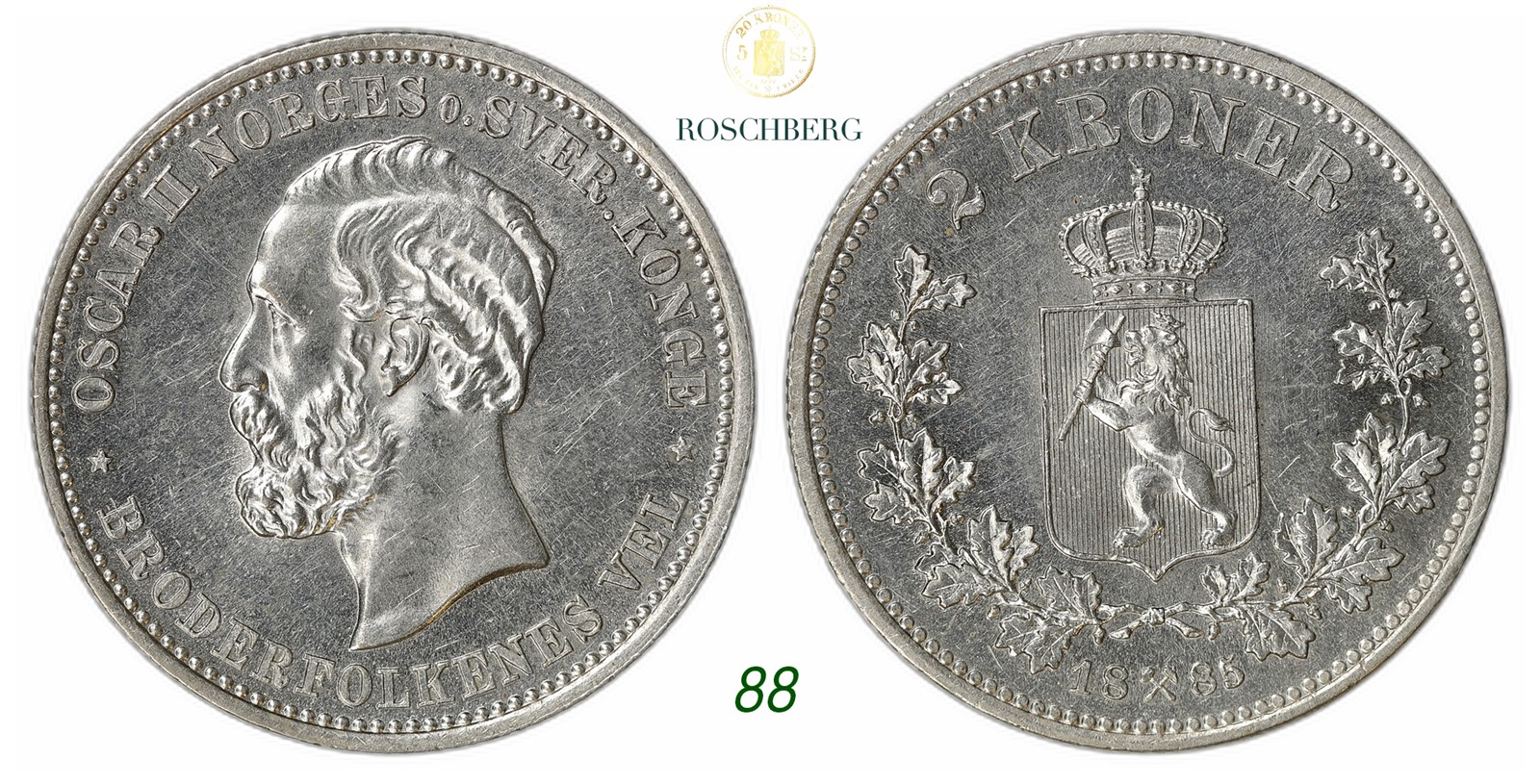 NORWAY. Oscar II. 2 Kroner 1885.