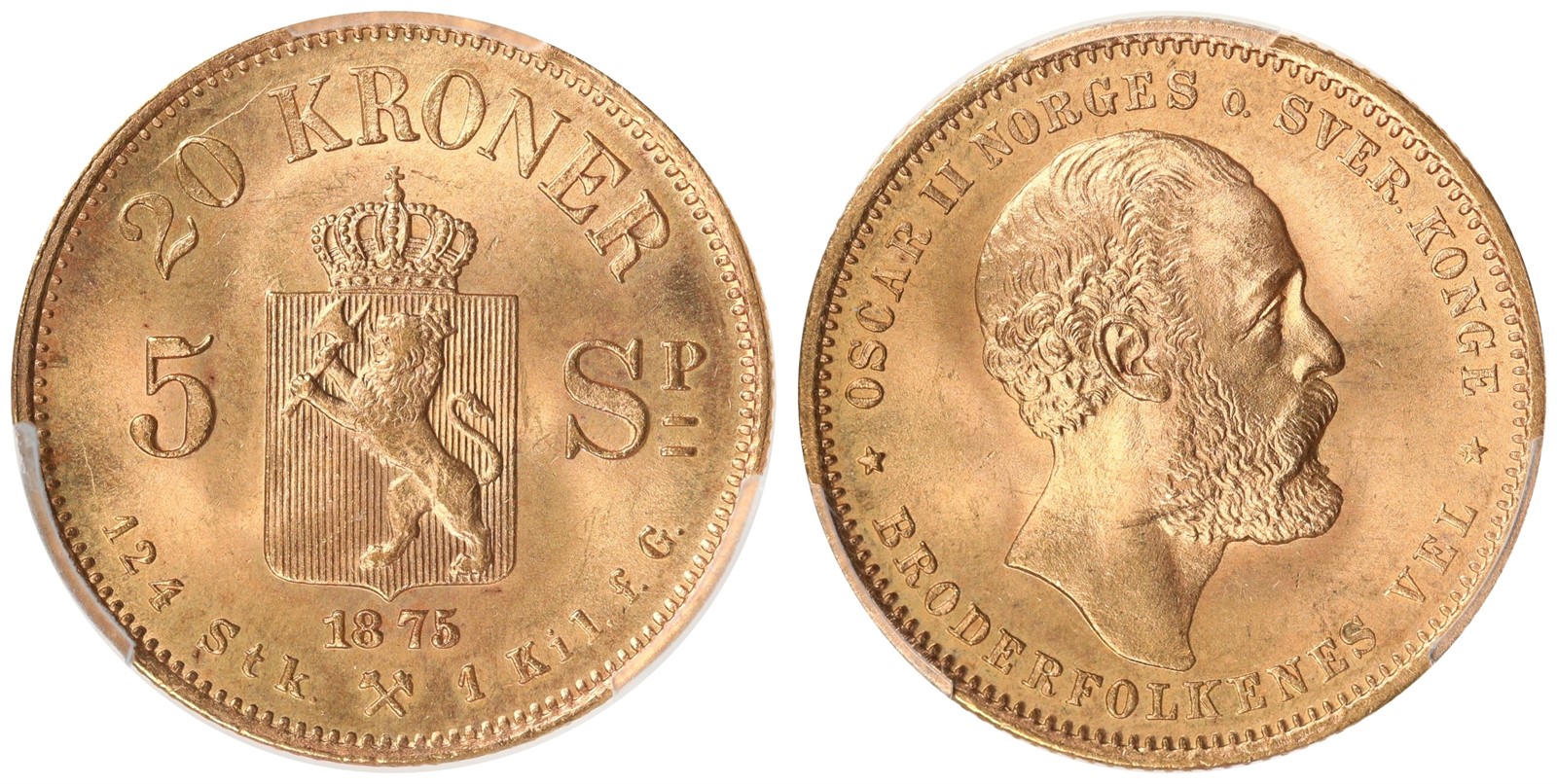 NORWAY. Oscar II. 20 Kroner / 5 Sp 1875. PCGS MS66+ TOP POP.