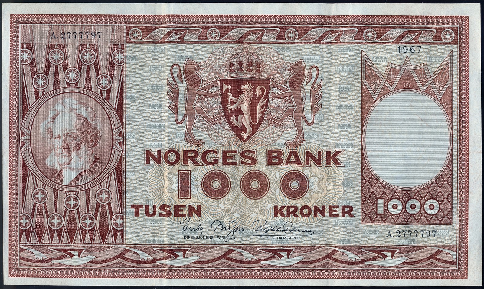 1000 Kroner 1967-A. Kv 1 (VF).