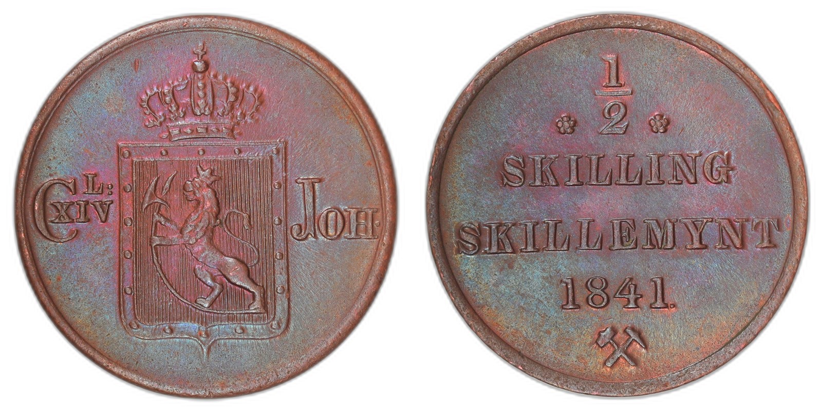 NORWAY. Carl XIV Johan. 1/2 Skilling 1841. Kv 0 (UNC).