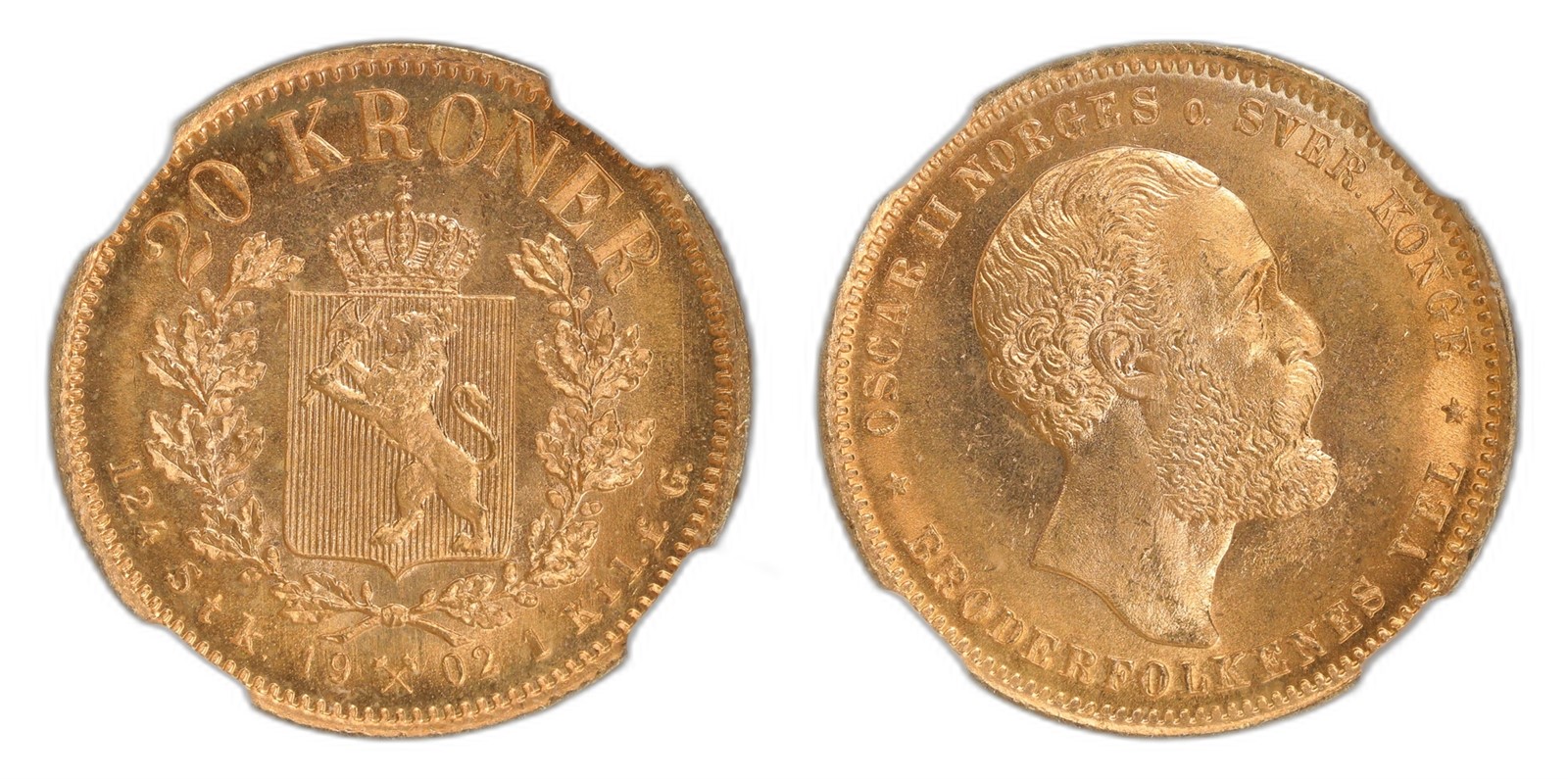 Norway. Oscar II. 20 Kroner Gold 1902. Kv NGC MS65+.