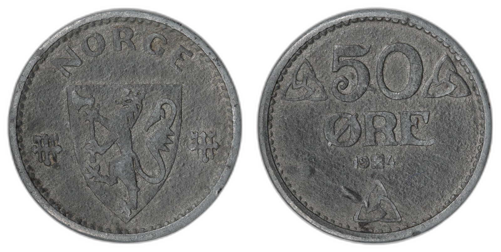 NORWAY. Haakon VII. 50 Øre 1945. Sink. Kv 1+ (VF).