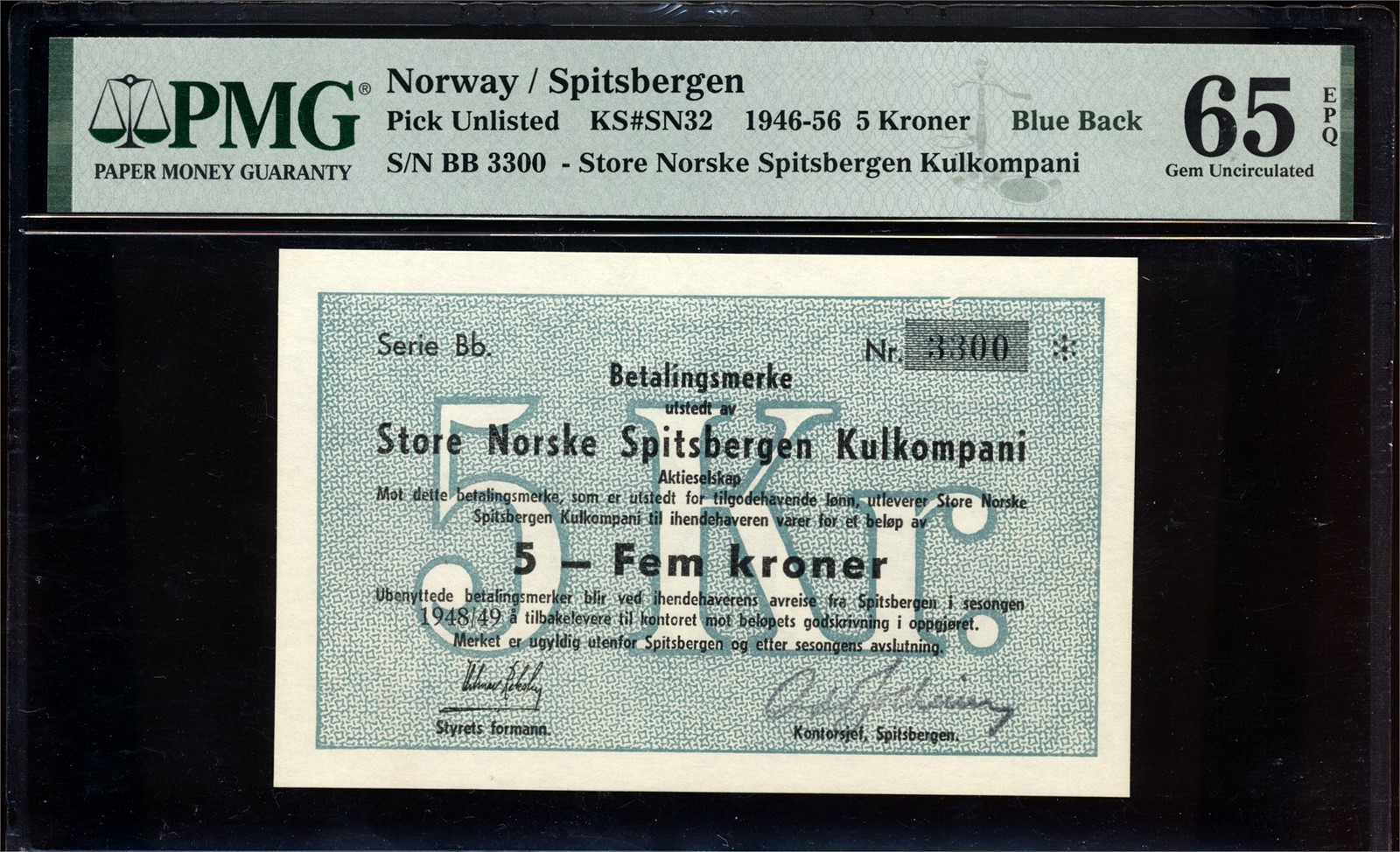 Store Norske Spitsbergen Kullkompani 5 Kroner 1948/49 Bb 3300 PMG65EPQ