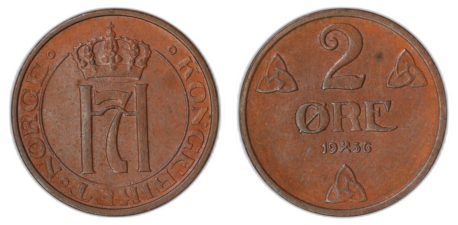 NORWAY. Haakon VII. 2 Øre. 1936. Kv 0/01 (UNC).