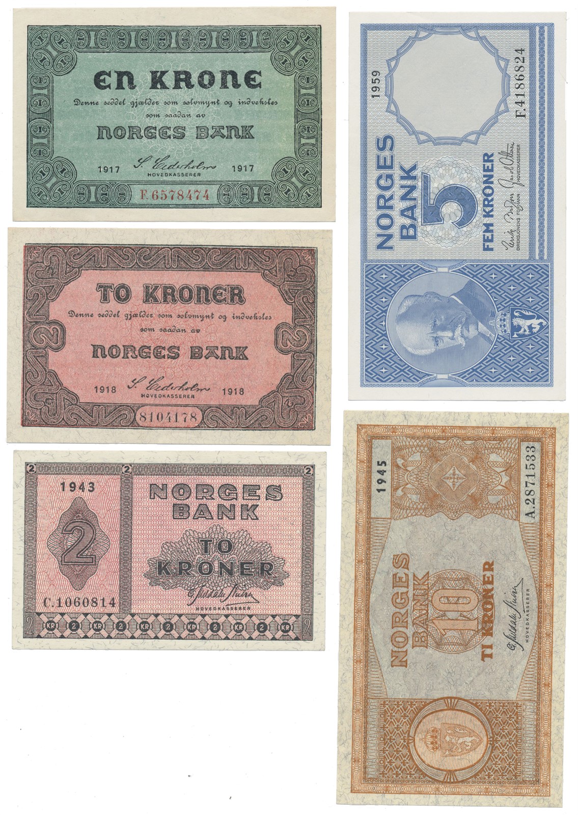 Typesamling med 5 forskjellige i valører mellom 1 Krone til 10 Kroner.