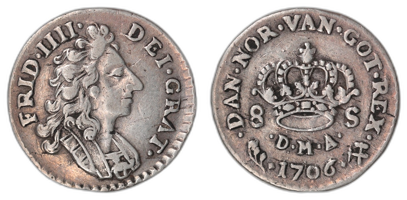 NORWAY. Fredrik IV. 8 Skilling 1706. Kv 1+ (XF).