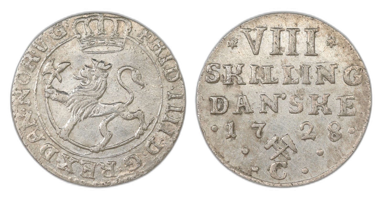 Norway. Frederik IV. 8 Skilling 1728-C. Kv 1+/01.