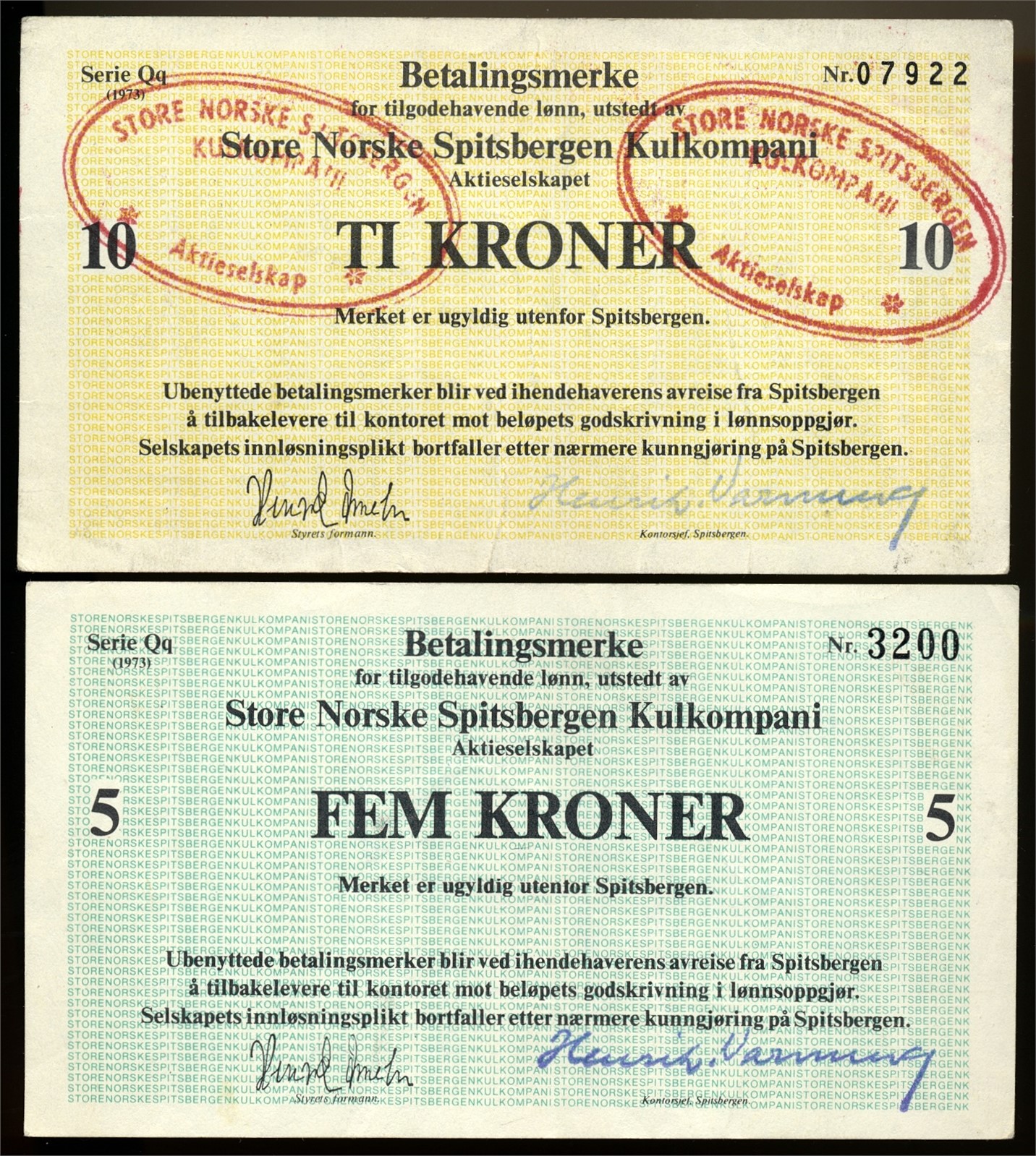 Store Norske Spitsbergen Kullkompani 10 og 5 Kroner 1973.