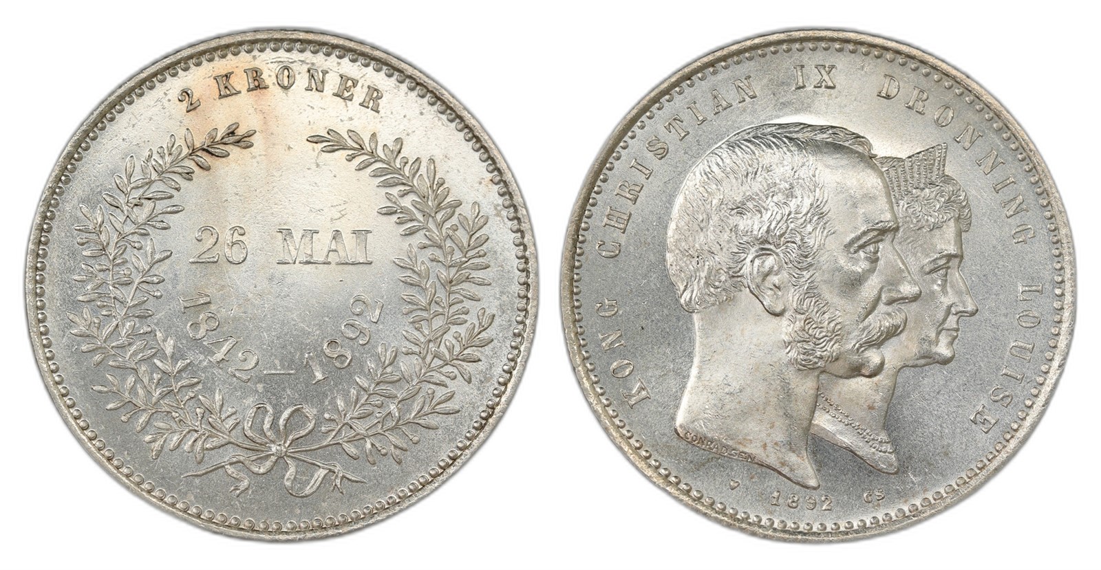 Denmark. Christian IX. 2 Kroner 1892. Kv 0.