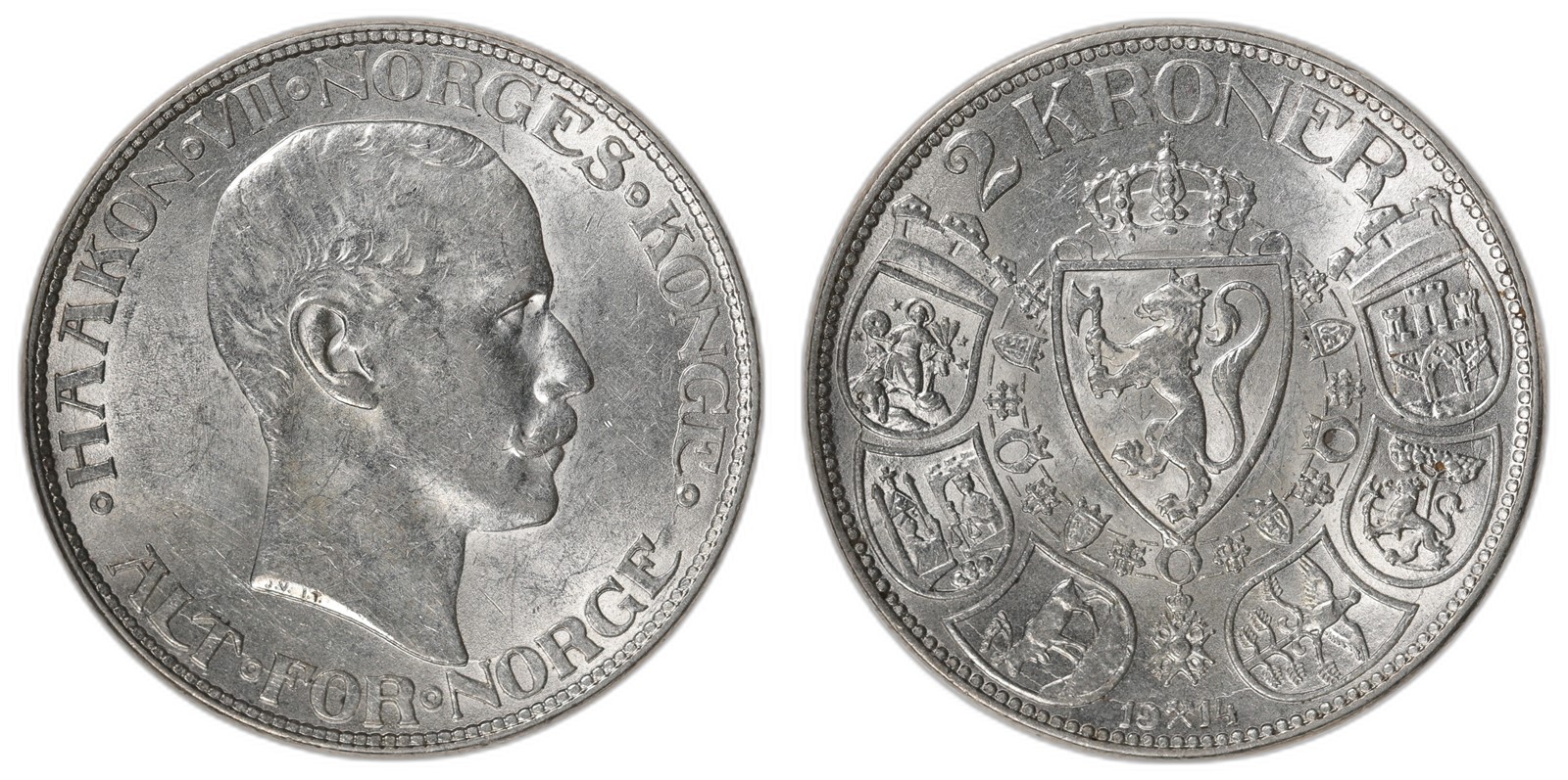 NORWAY. Haakon VII. 2 Kroner. 1914. Kv 01 (AU).