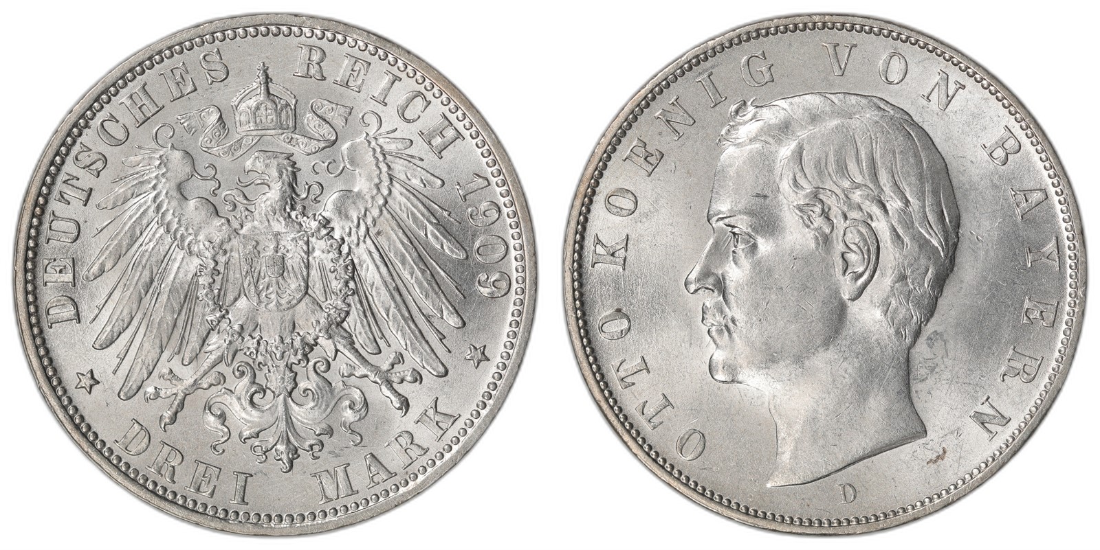 GERMANY. Otto. 3 Mark. 1909-D. UNC.