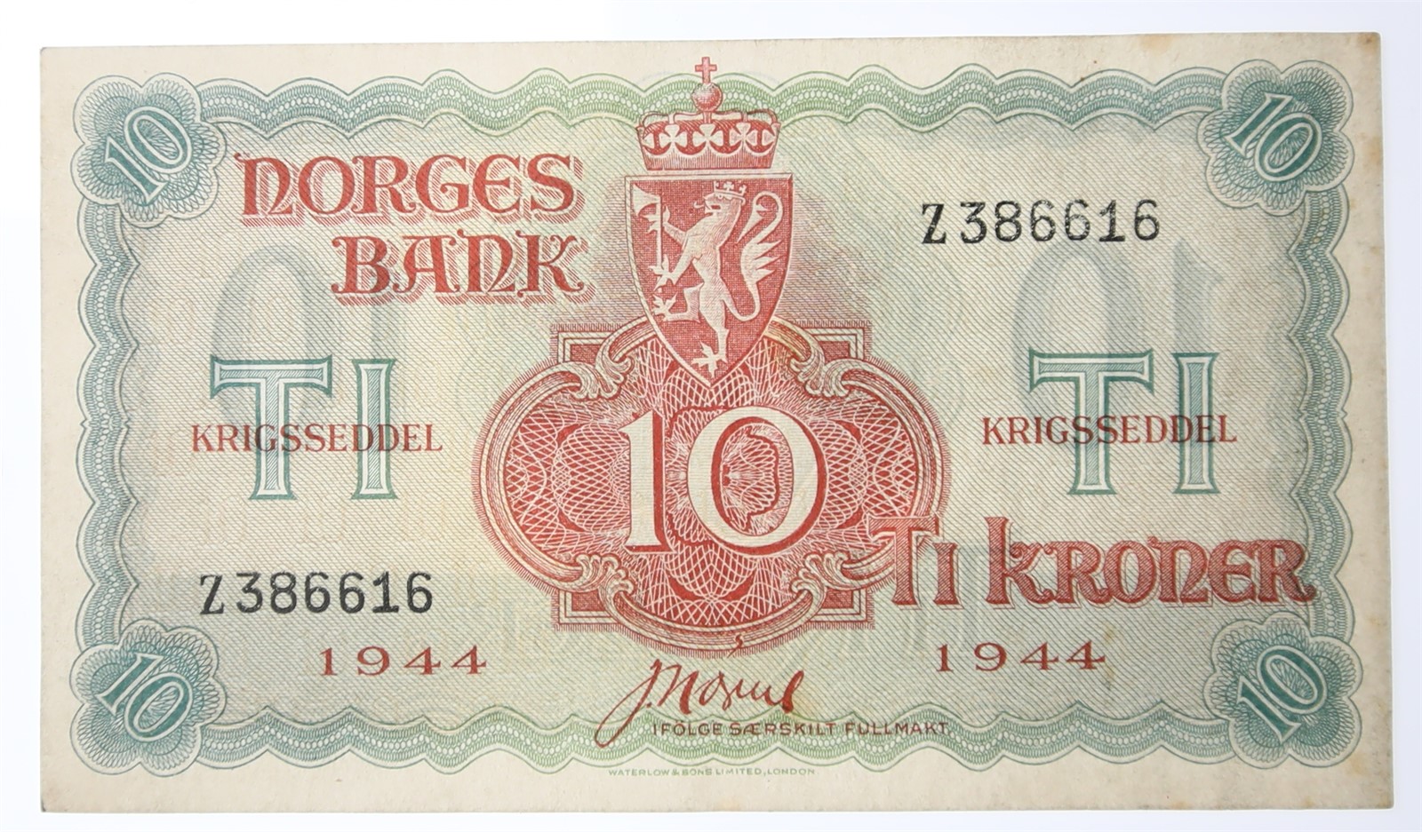 NORWAY. Type London. 10 Kroner 1944-Z. Kv 1+/01 (AU).