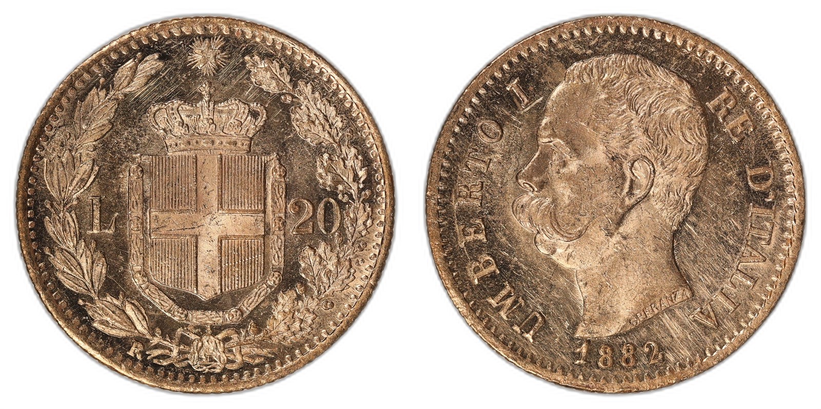 ITALY. Umberto I. 20 Lire. 1882-R. UNC.