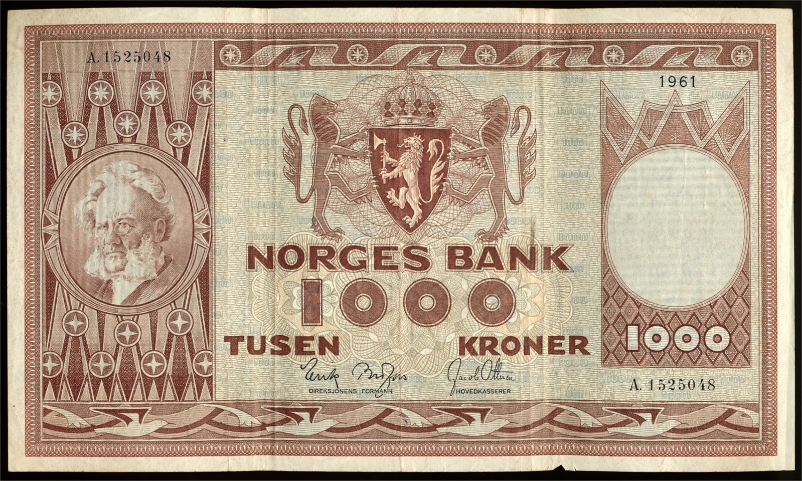 1000 Kroner 1961 A1525048 Fedafunnet Kv 1- (F)