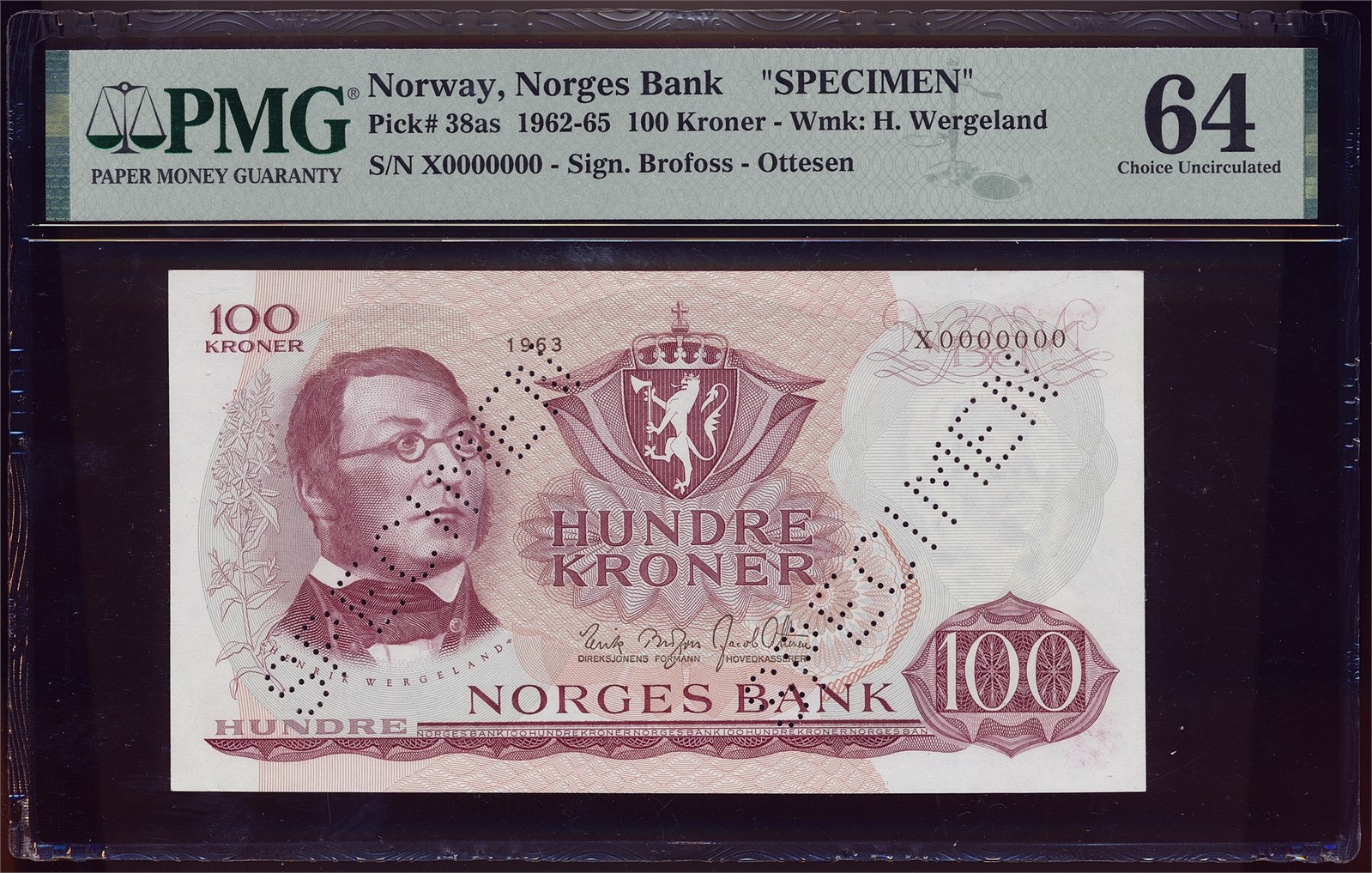 100 Kroner 1963-X SPECIEMEN. PMG64.