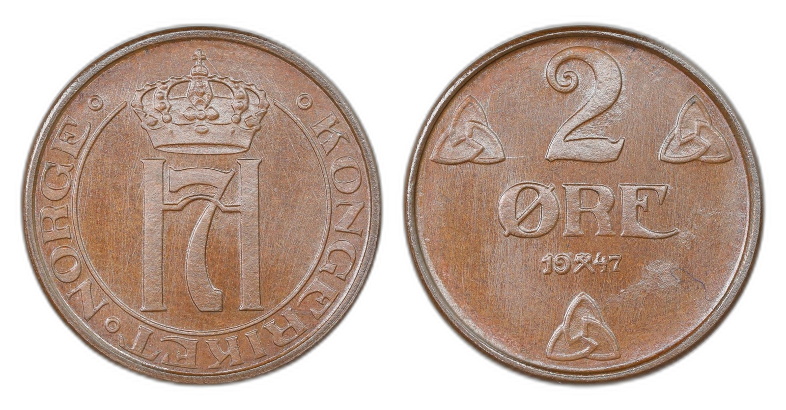 Norway. Haakon VII. 2 Øre 1947. Kv PRAKTEX.