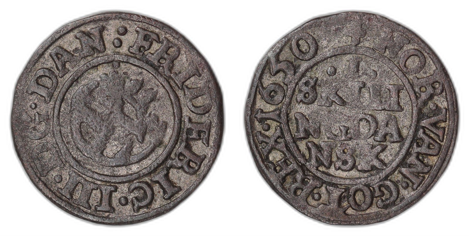 NORWAY. Fredrik III. 1 Skilling 1650. Kv 1+/01 (AU).