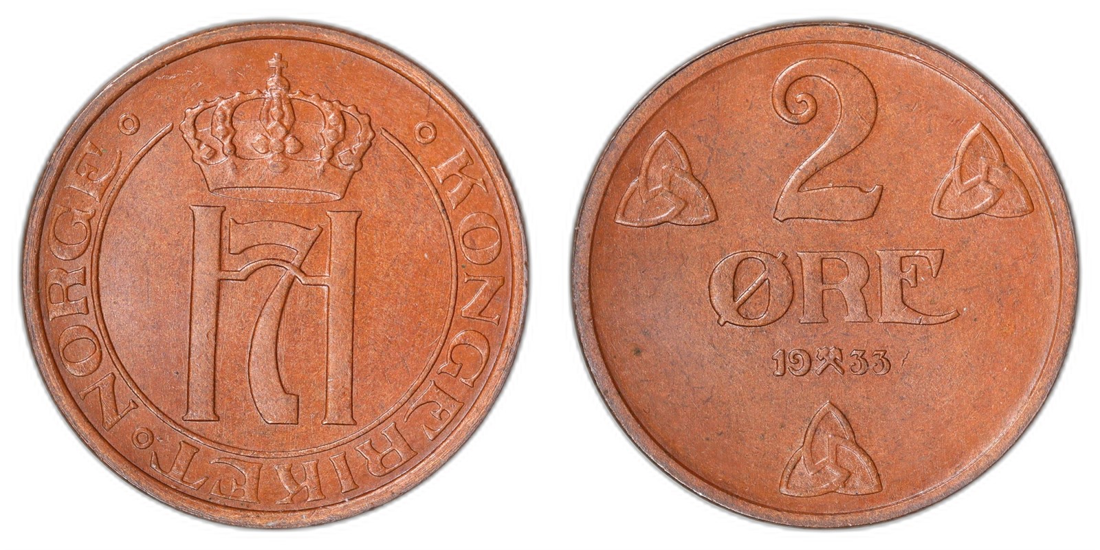 NORWAY. Haakon VII. 2 Øre 1933. PRAKTEX.