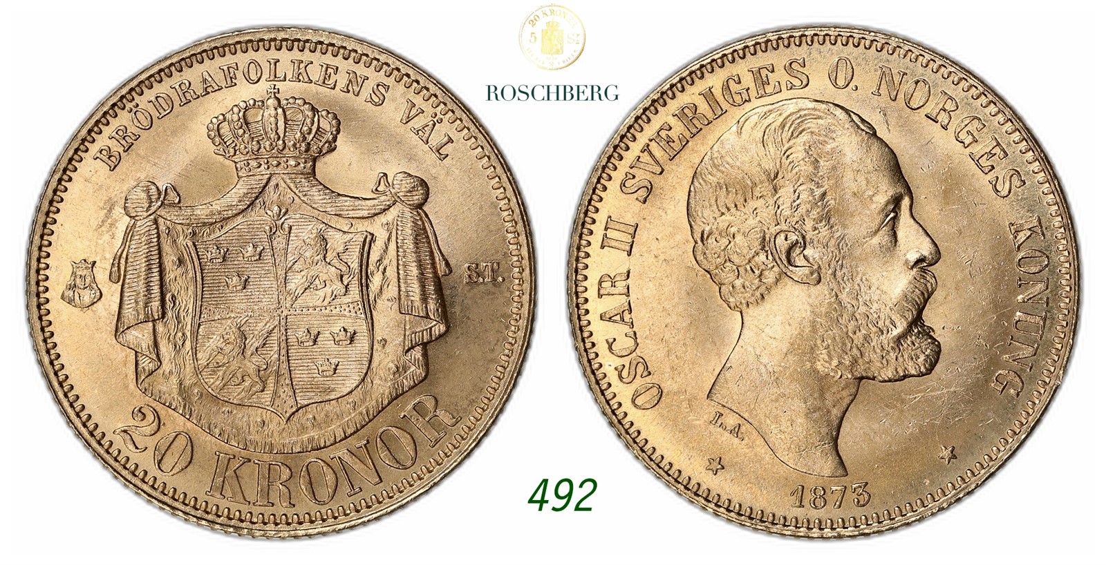 SWEDEN. Oscar II. 20 Kronor Gold 1873-ST LA.
